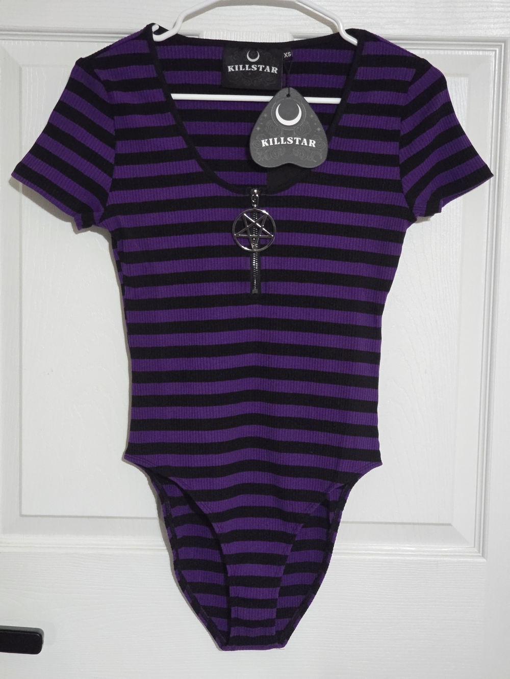 Killstar Black & Purple Striped V-Neck Pentagram Bodysuit